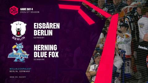 Grafika zapowiadająca mecz hokejowy pomiędzy drużynami Eisbaeren Berlin i Herning Blue Fox w ramach rozgrywek CHL.