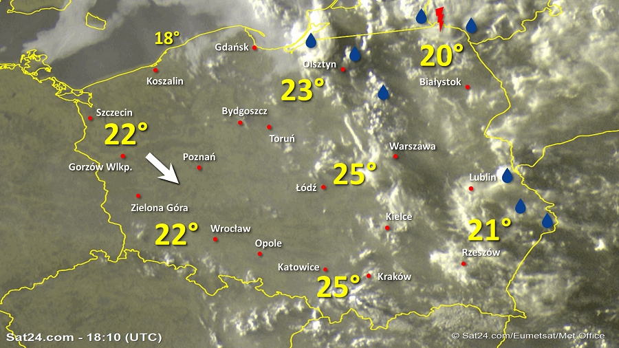 Zdjęcie satelitarne Polski w dniu 7 czerwca 2019 o godzinie 20:10. Dane: Sat24.com / Eumetsat.