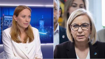 Kobieta z rudymi włosami siedzi przed ekranem z widokiem miasta, obok zdjęcie kobiety z blond włosami i okularami.