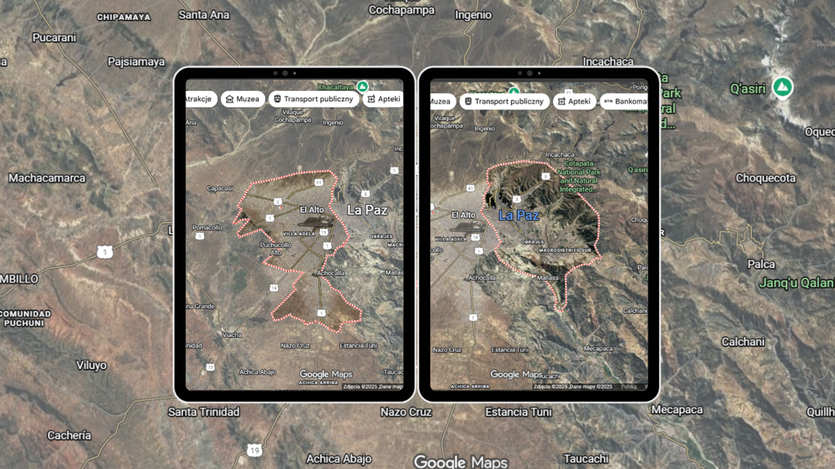 Dwie mapy satelitarne pokazujące położenie miasta La Paz w Boliwii na tle g&oacute;rskiego krajobrazu.