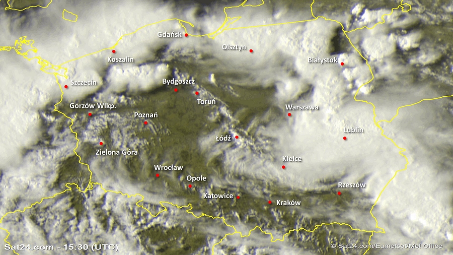 Zdjęcie satelitarne Polski w dniu 20 maja 2019 o godzinie 17:30. Dane: Sat24.com / Eumetsat.