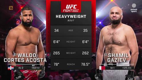 Dwóch zawodników MMA, Waldo Cortes-Acosta i Shamil Gaziev, stoi po przeciwnych stronach ekranu. Pomiędzy nimi wyświetlana jest tabela z ich statystykami: wiek, wzrost, waga i zasięg.