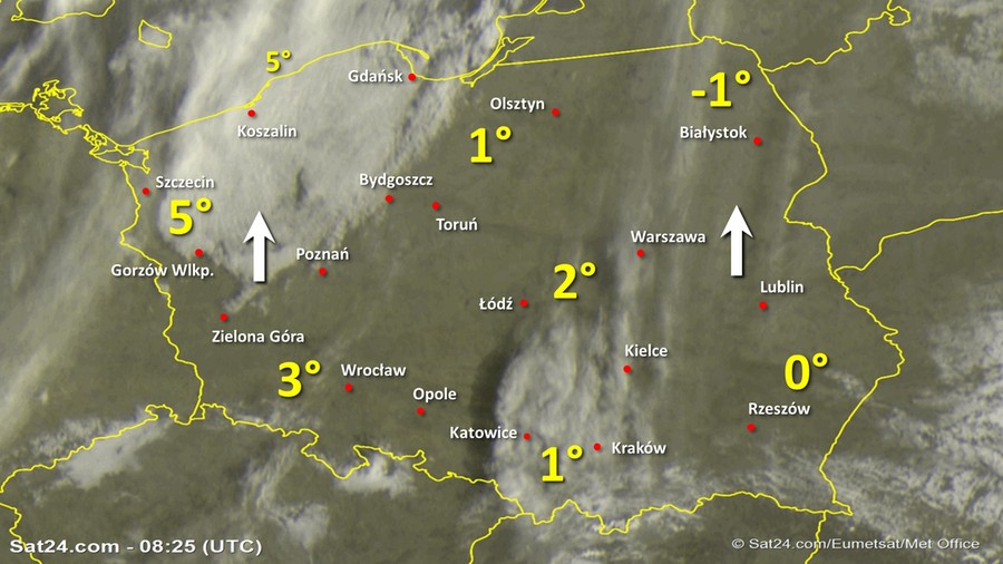 Zdjęcie satelitarne Polski w dniu 9 lutego 2020 o godzinie 9:25. Dane: Sat24.com / Eumetsat.