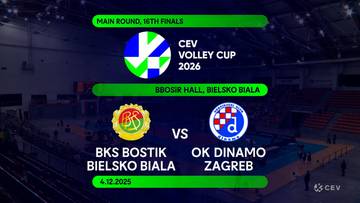 Grafika zapowiadająca mecz siatkówki BKS Bostik Bielsko-Biała vs OK Dinamo Zagrzeb w Lidze Mistrzów CEV Volley Cup 2026. Widnieje data 4.12.2025 i nazwa hali BSBIR Hall, Bielsko Biała.