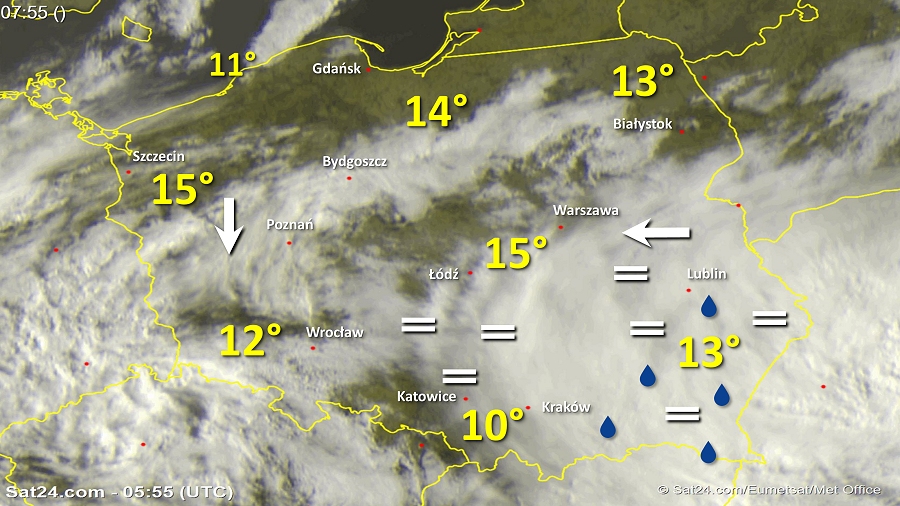 Zdjęcie satelitarne Polski w dniu 16 maja 2018 o godzinie 7:55. Dane: Sat24.com / Eumetsat.