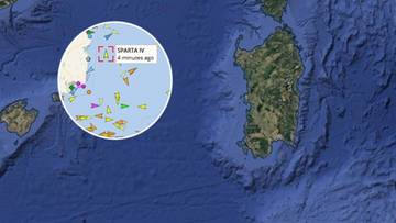 Mapa Morza Śr&oacute;dziemnego z zaznaczoną pozycją statku Sparta IV.