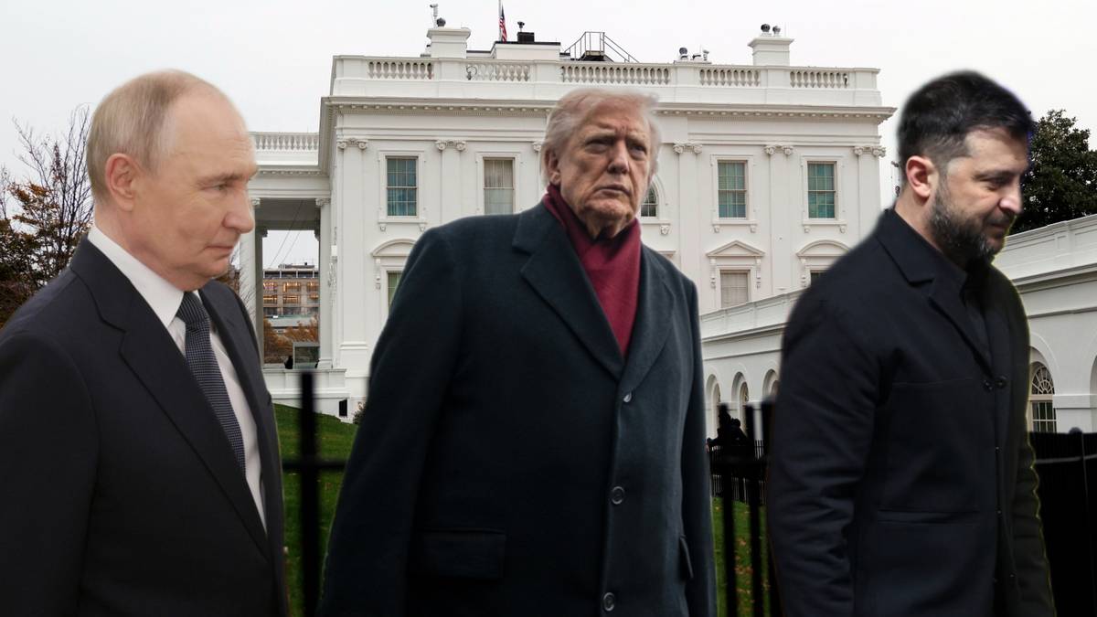 Donald Trump, Władimir Putin i Wołodymyr Zełenski idący przed budynkiem przypominającym Biały Dom.