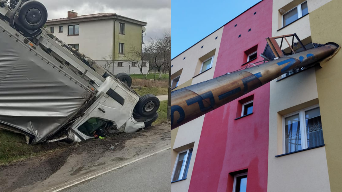 Przewrócona ciężarówka, komin wbity w blok. Trwa walka ze skutkami wichur