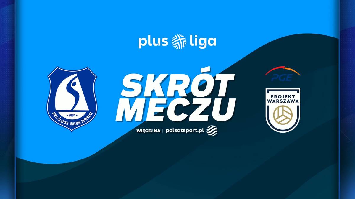 Grafika promocyjna z napisem "SKR&Oacute;T MECZU" oraz logotypami drużyn MKS Ślepsk Malow Suwałki i PGE Projekt Warszawa, z logo Plus Ligi.