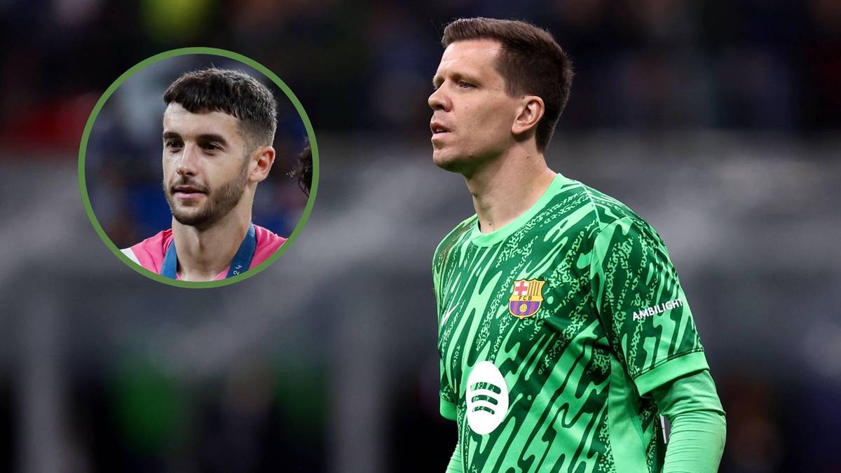 Bramkarz w zielonej koszulce z żółtymi akcentami i logo Barcelony. Obok w okręgu znajduje się zdjęcie innego piłkarza.