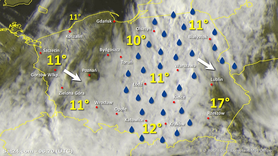 Zdjęcie satelitarne Polski w dniu 29 maja 2019 o godzinie 8:20. Dane: Sat24.com / Eumetsat.