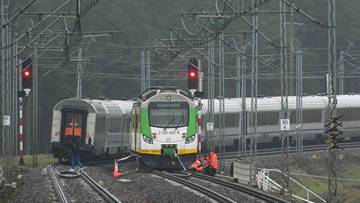 Dwa pociągi stojące na torach, jeden zielono-biały, drugi szary. Wokół widoczni pracownicy w kamizelkach odblaskowych, taśmy ostrzegawcze.