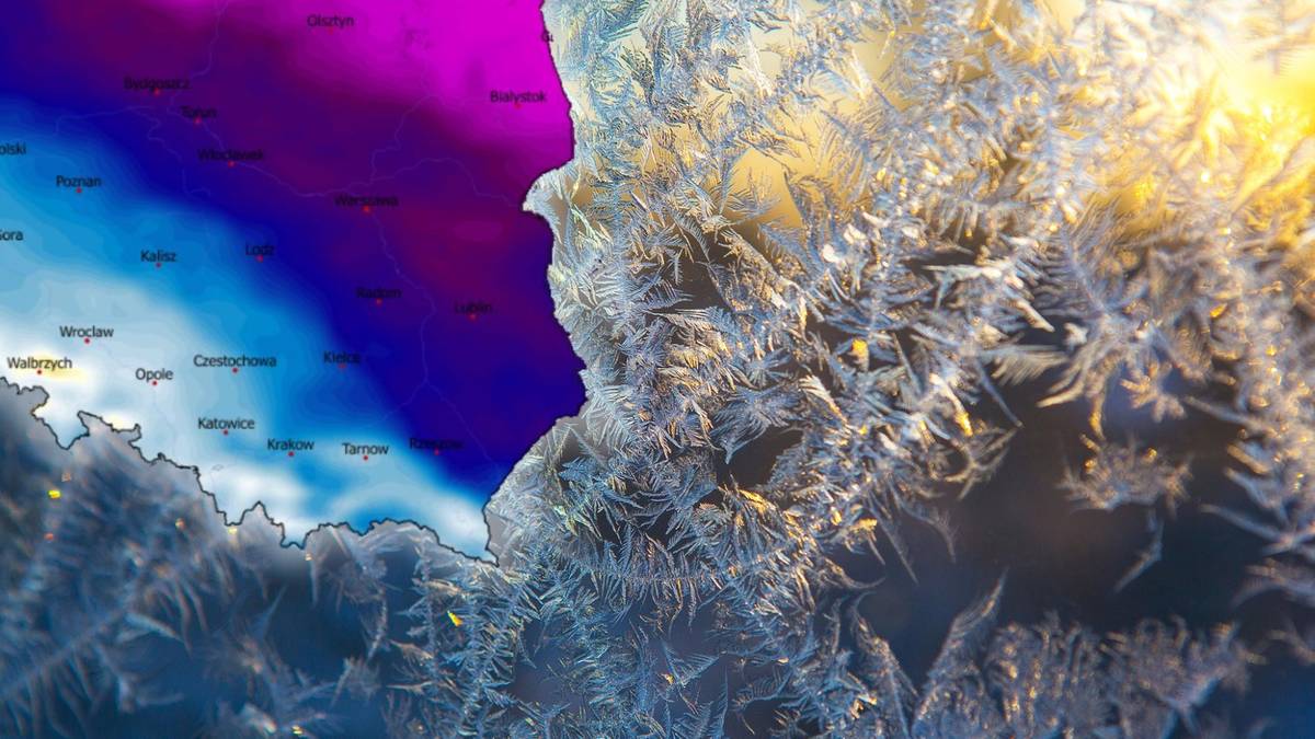 Zbliżenie na kryształki lodu na szybie z nałożoną mapą temperatur pokazującą mroźną pogodę w Polsce.