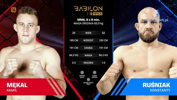 Portret dwóch zawodników sportów walki: Kamil Mekal po lewej i Konstanty Ruśniak po prawej, z ich danymi statystycznymi wyświetlanymi na ekranie pomiędzy nimi.