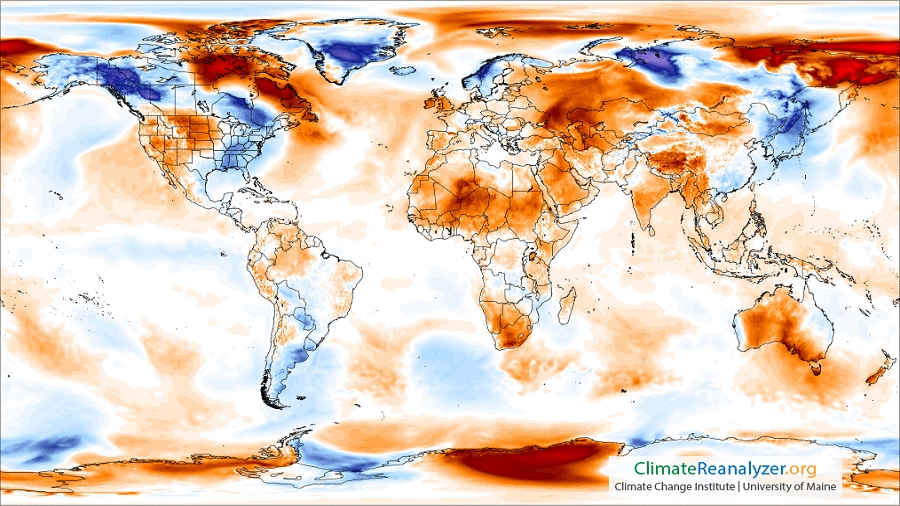 Anomalie średniej temperatury na świecie w dniu 20 listopada 2017 roku. Fot. ClimateReanalyzer.org