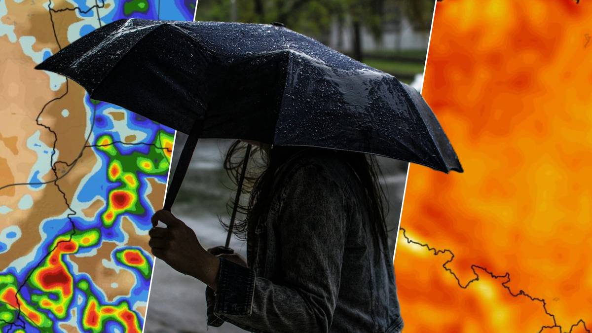 Fragment mapy meteorologicznej z zaznaczonymi opadami deszczu, osoba trzymająca parasolkę podczas deszczu oraz fragment mapy przedstawiającej rozkład temperatur.