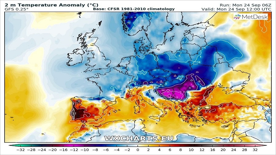 Dzisiejsze anomalie temperatury w Europie. Fot. wxcharts.eu