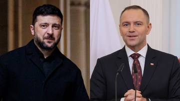 Portret Wołodymyra Zełenskiego po lewej i Mateusza Morawieckiego po prawej.