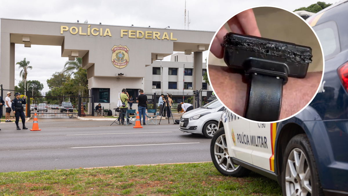 Budynek brazylijskiej policji federalnej z radiowozami i dziennikarzami przed wejściem, oraz zbliżenie na uszkodzoną elektroniczną bransoletę na ręce.
