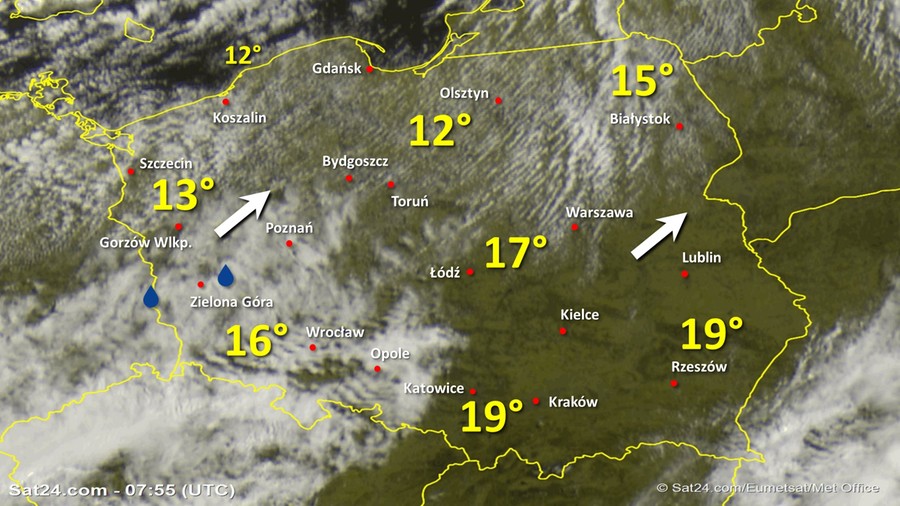 Zdjęcie satelitarne Polski w dniu 6 czerwca 2020 o godzinie 9:55. Dane: Sat24.com / Eumetsat.