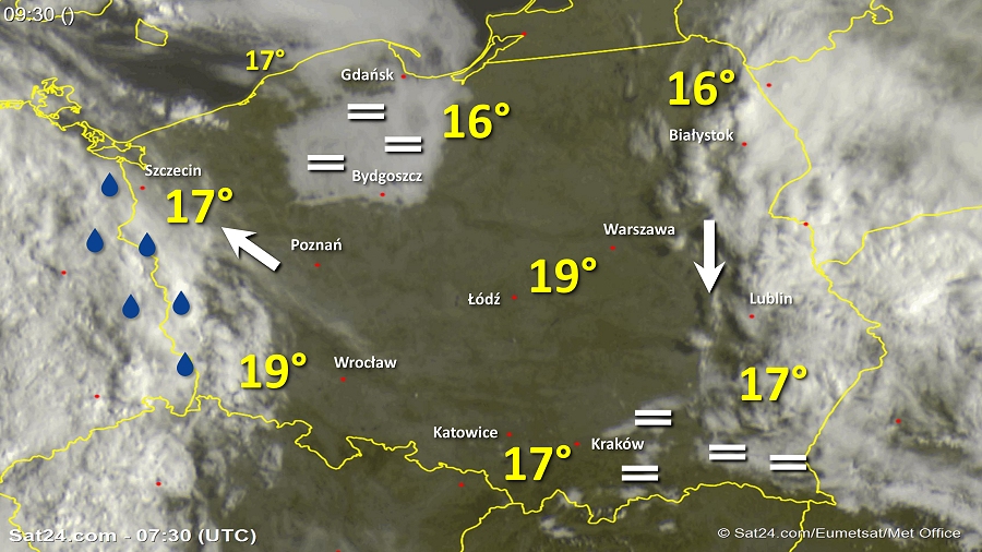 Zdjęcie satelitarne Polski w dniu 7 września 2018 o godzinie 9:30. Dane: Sat24.com / Eumetsat.