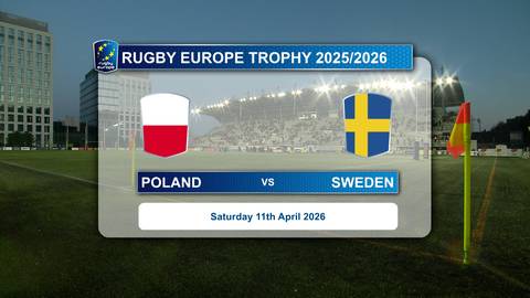 Grafika informująca o meczu rugby pomiędzy Polską a Szwecją w ramach Rugby Europe Trophy 2025/2026, z widocznymi flagami obu kraj&oacute;w i datą 11 kwietnia 2026 roku.