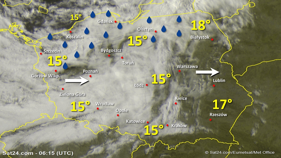 Zdjęcie satelitarne Polski w dniu 16 lipca 2019 o godzinie 8:15. Dane: Sat24.com / Eumetsat.