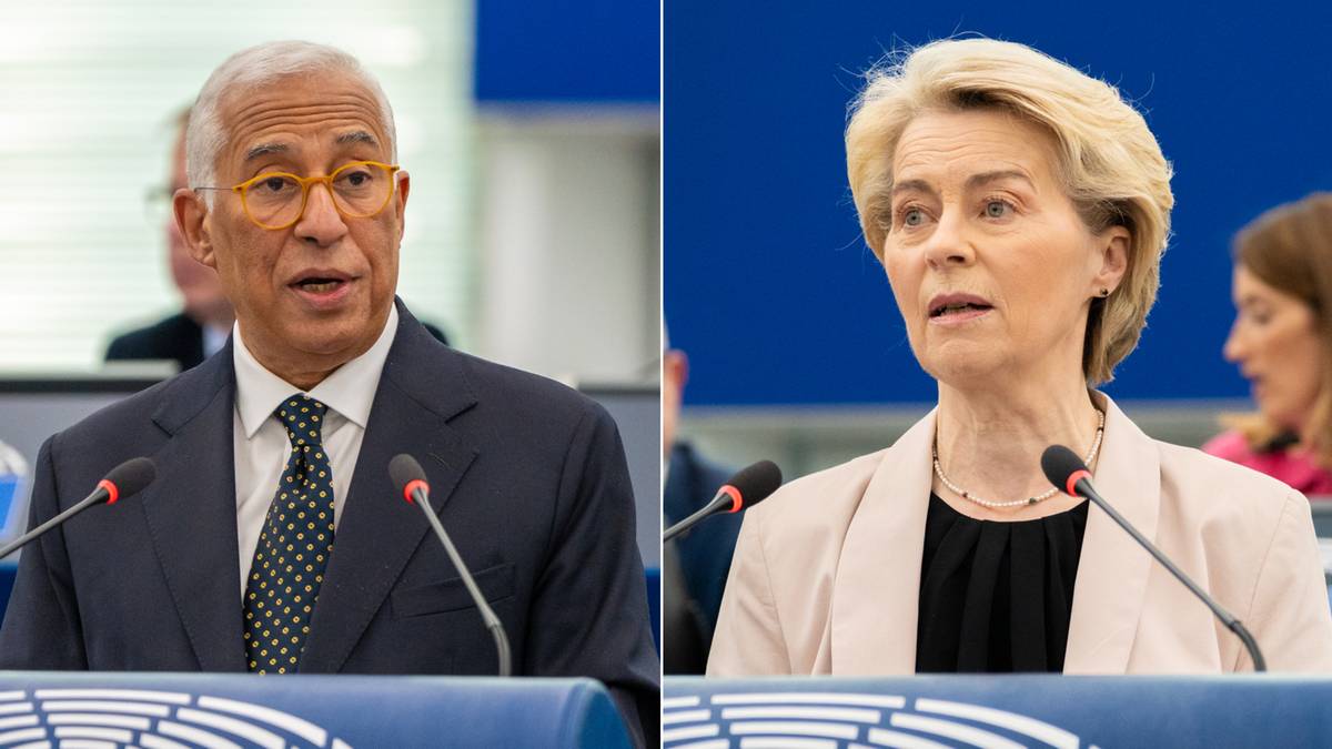 Dw&oacute;ch polityk&oacute;w europejskich, mężczyzna po lewej i kobieta po prawej, przemawia za m&oacute;wnicami.