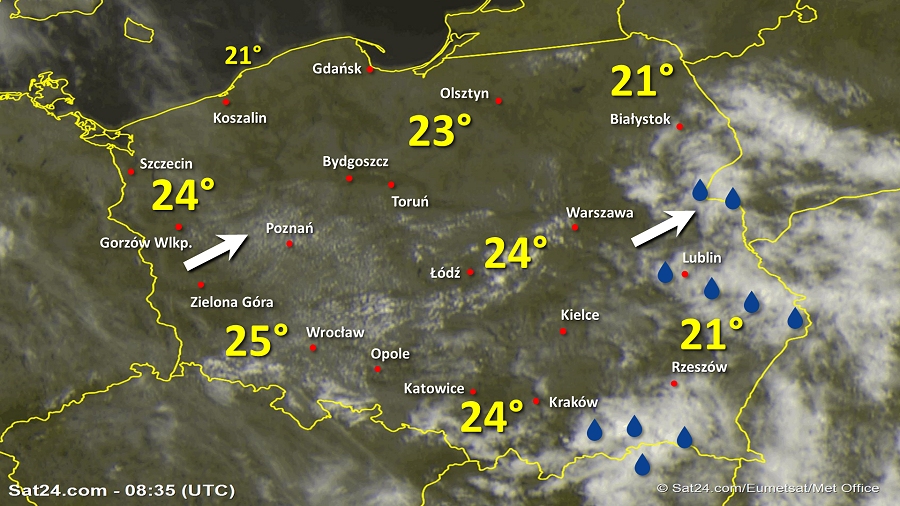 Zdjęcie satelitarne Polski w dniu 20 lipca 2019 o godzinie 10:35. Dane: Sat24.com / Eumetsat.