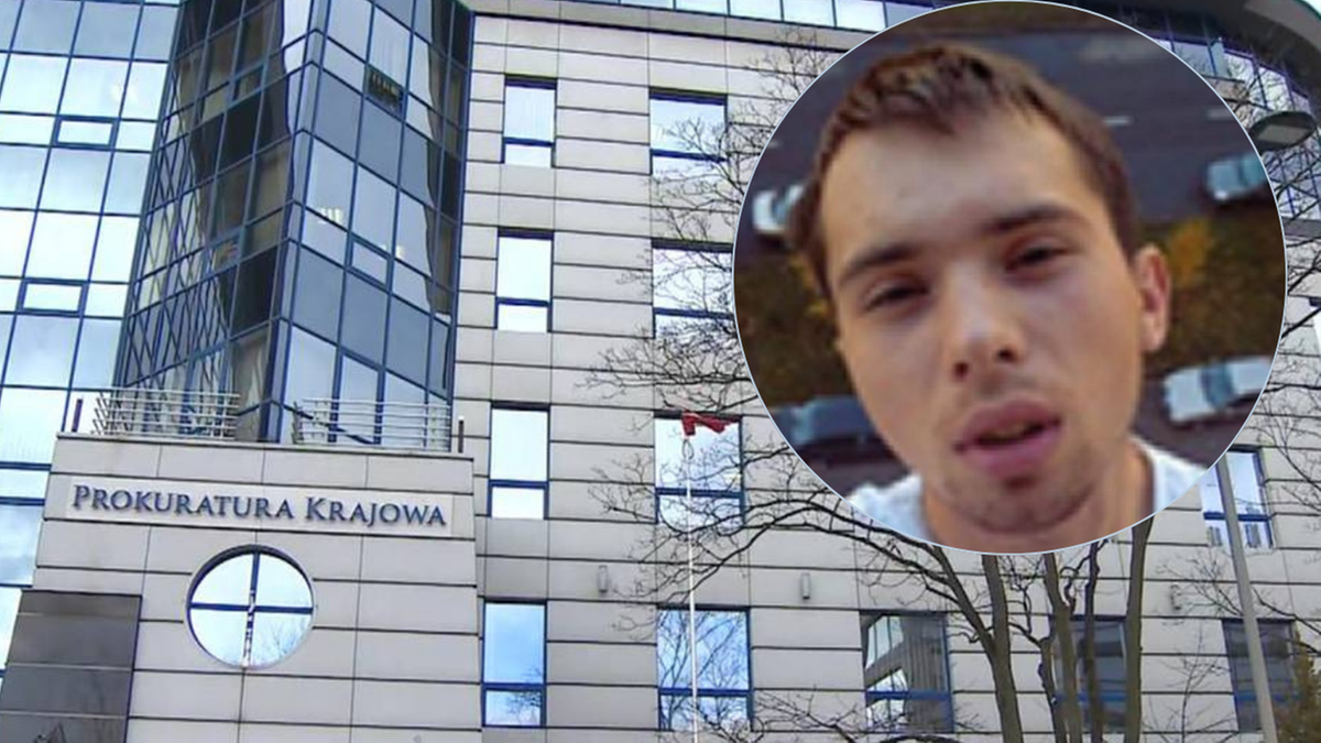 Budynek Prokuratury Krajowej z wkomponowanym zdjęciem twarzy mężczyzny.