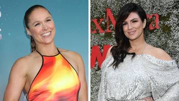 Ronda Rousey uśmiecha się w kolorowym topie, obok Gina Carano w srebrnej sukni.