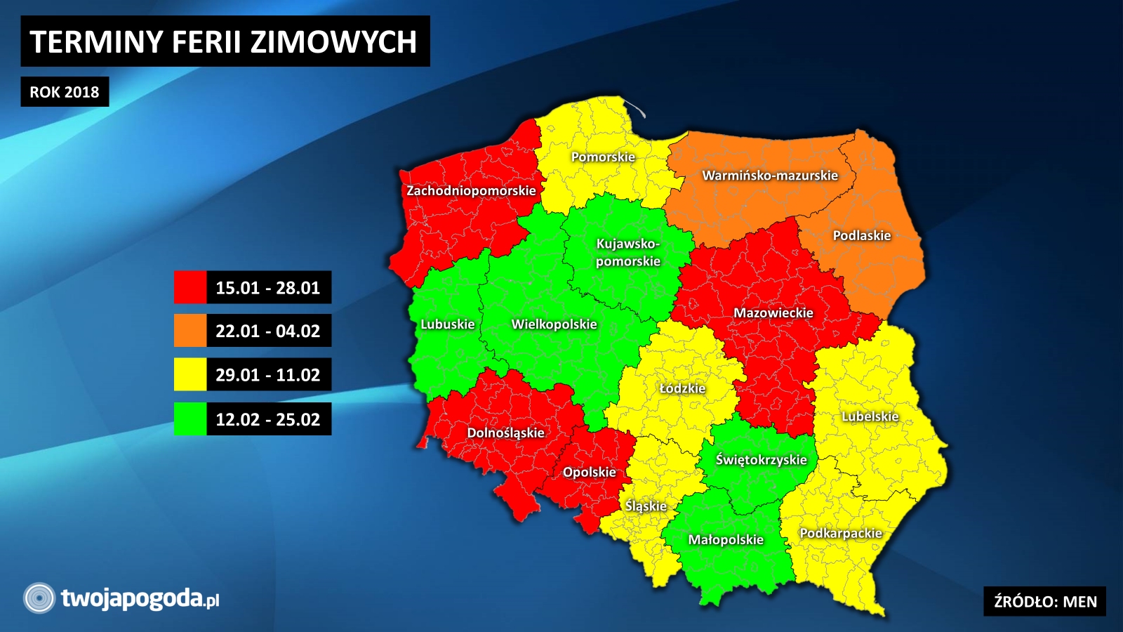 Ferie w kolejnych województwach