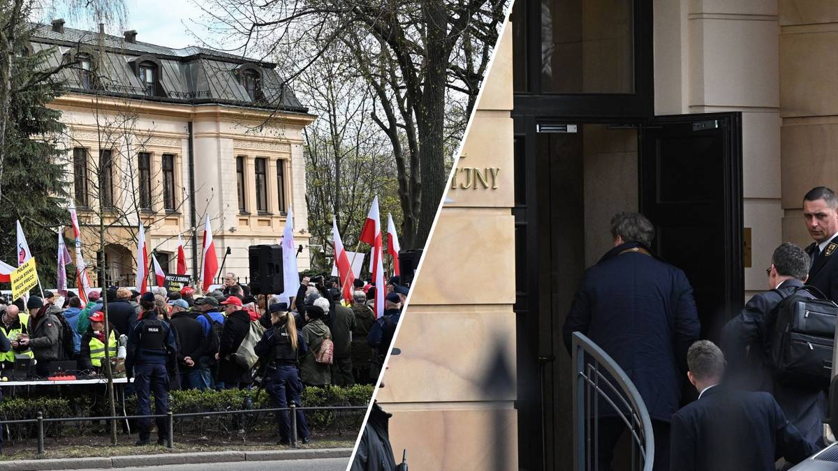 Podzielony obraz: po lewej stronie widok na budynek z flagami i grupą ludzi, po prawej stronie grupa mężczyzn wchodzących do budynku.