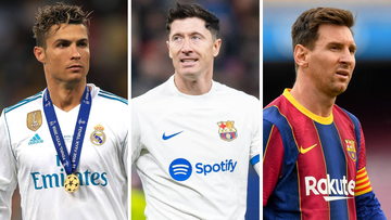 Kolaż trzech piłkarzy: Cristiano Ronaldo w koszulce Realu Madryt z medalem, Robert Lewandowski w koszulce FC Barcelony, Lionel Messi w koszulce FC Barcelony.