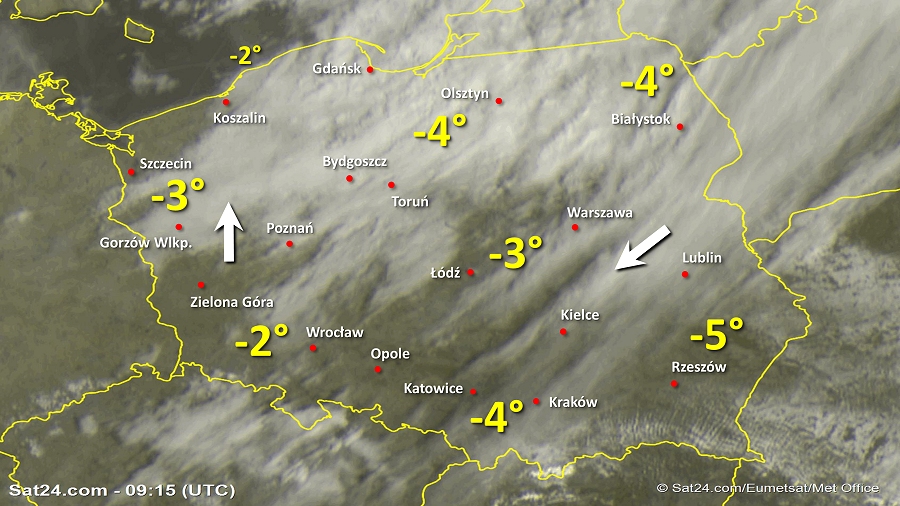 Zdjęcie satelitarne Polski w dniu 23 lutego 2019 o godzinie 10:15. Dane: Sat24.com / Eumetsat.