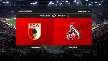 Ekran informacyjny meczu Bundesligi pomiędzy FC Augsburg a 1.FC Koeln, prezentujący logotypy drużyn i podstawowe informacje o spotkaniu.