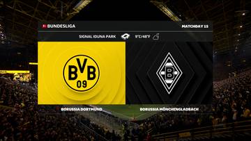 Logo Borussii Dortmund obok logo Borussii M&ouml;nchengladbach, z informacją o meczu Bundesligi.