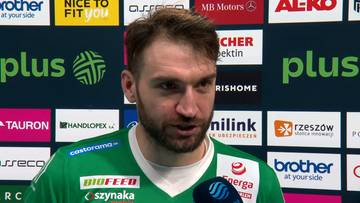 Jan Hadrava, siatkarz w zielonej koszulce, z kilkudniowym zarostem i krótkimi włosami, udziela wywiadu na tle sponsorów sportowych.