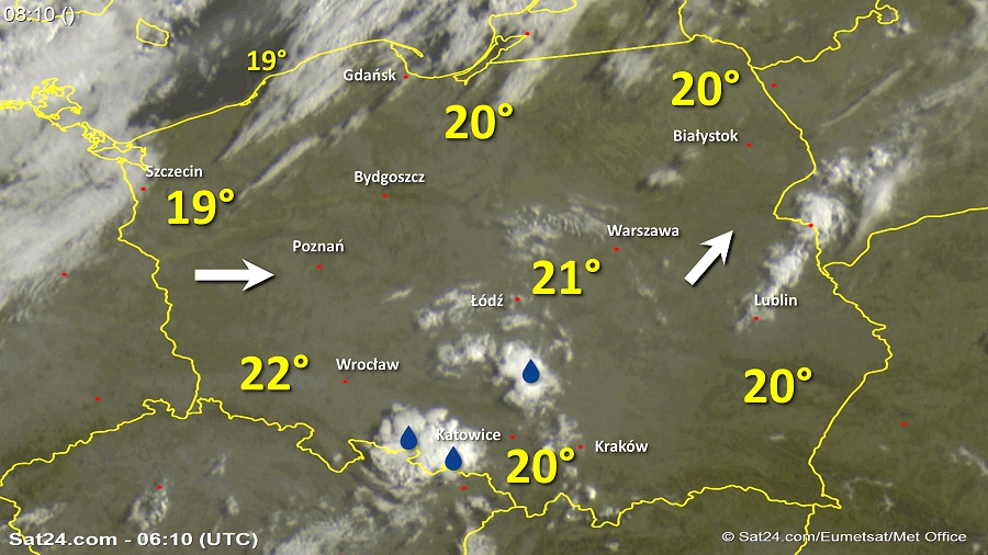 Zdjęcie satelitarne Polski w dniu 20 sierpnia 2018 o godzinie 8:10. Dane: Sat24.com / Eumetsat.