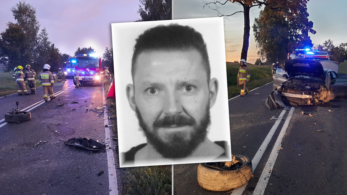Kolaż przedstawiający miejsce wypadku drogowego oraz zdjęcie portretowe mężczyzny poszukiwanego przez policję.