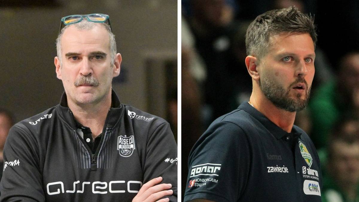 Dwóch trenerów siatkówki, jeden w czarnej bluzie, drugi w granatowej koszulce.