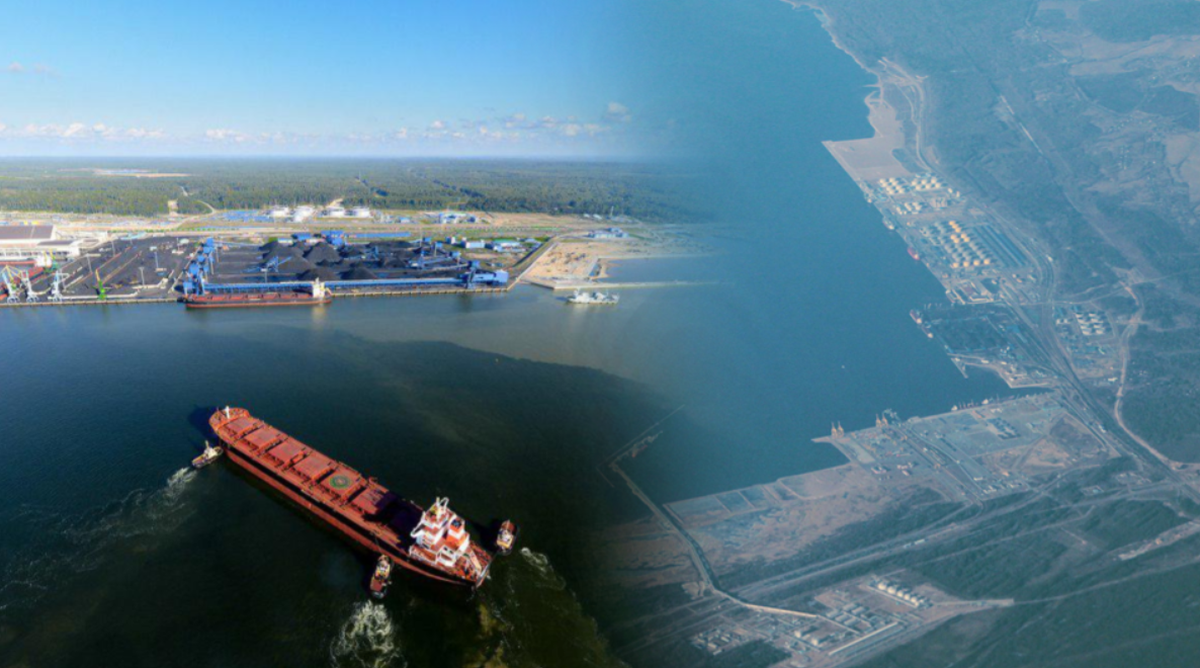 Widok na port Primorsk z statkami i obiektami przemysłowymi oraz port Ust-Ługa z linią brzegową.