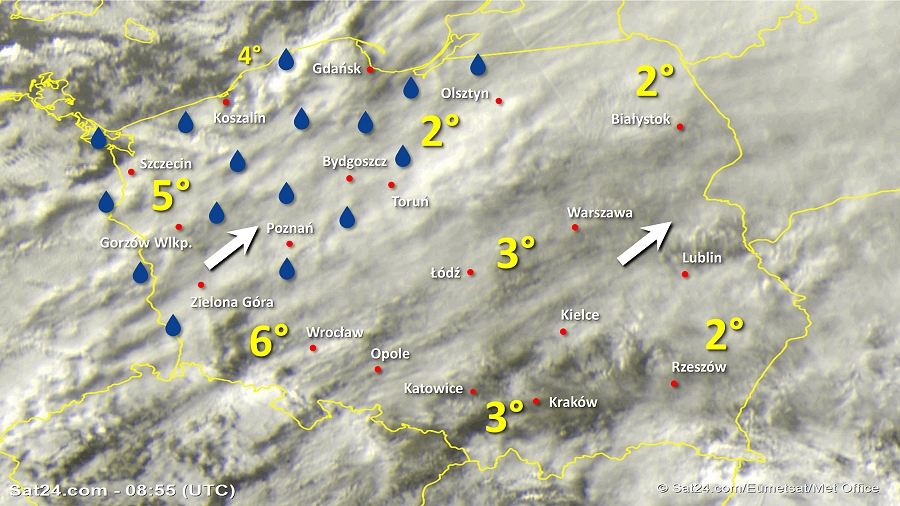 Zdjęcie satelitarne Polski w dniu 17 stycznia 2019 o godzinie 9:55. Dane: Sat24.com / Eumetsat.