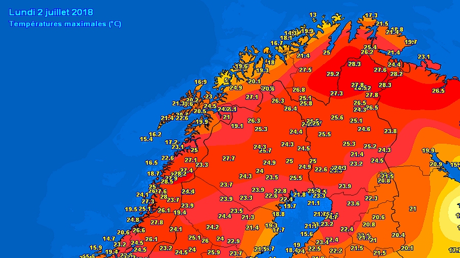 Maksymalne temperatury w północnej Skandynawii w dniu 2 lipca 2018 roku. Fot. Meteociel.fr