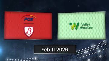 Plansza z logotypami drużyn PGE Budowlani Ł&oacute;dź i Volley Wrocław oraz datą meczu 11 lutego 2026 roku.
