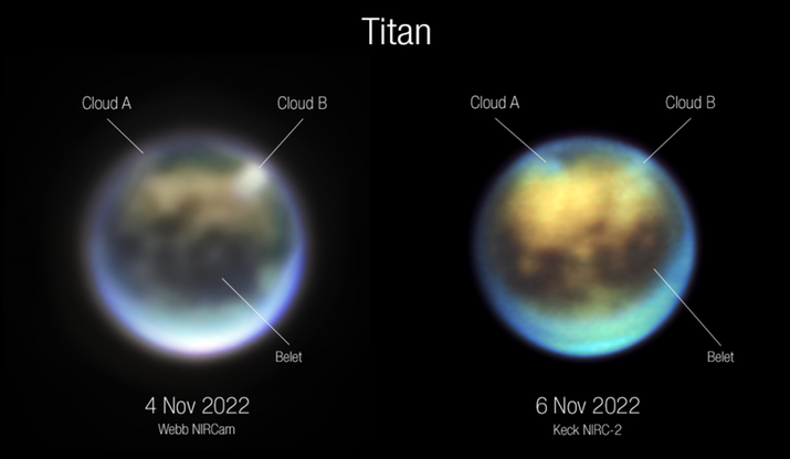 Zaobserwowane chmury (ang. clouds) na powierzchni Tytana