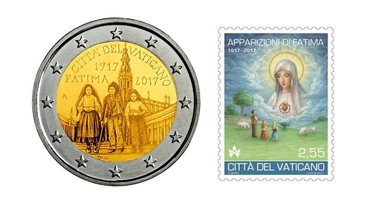 Znaczek i moneta na setną rocznicę objawień w Fatimie