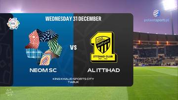 Grafika informująca o meczu piłki nożnej NEOM SC vs Al-Ittihad, z datą 31 grudnia i miejscem King Khalid Sports City, Tabuk.