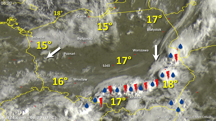 Zdjęcie satelitarne Polski w dniu 4 września 2018 o godzinie 8:25. Dane: Sat24.com / Eumetsat.