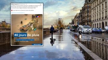 Zalana ulica w Paryżu z widocznym postem na Twitterze informującym o 40 dniach deszczu.